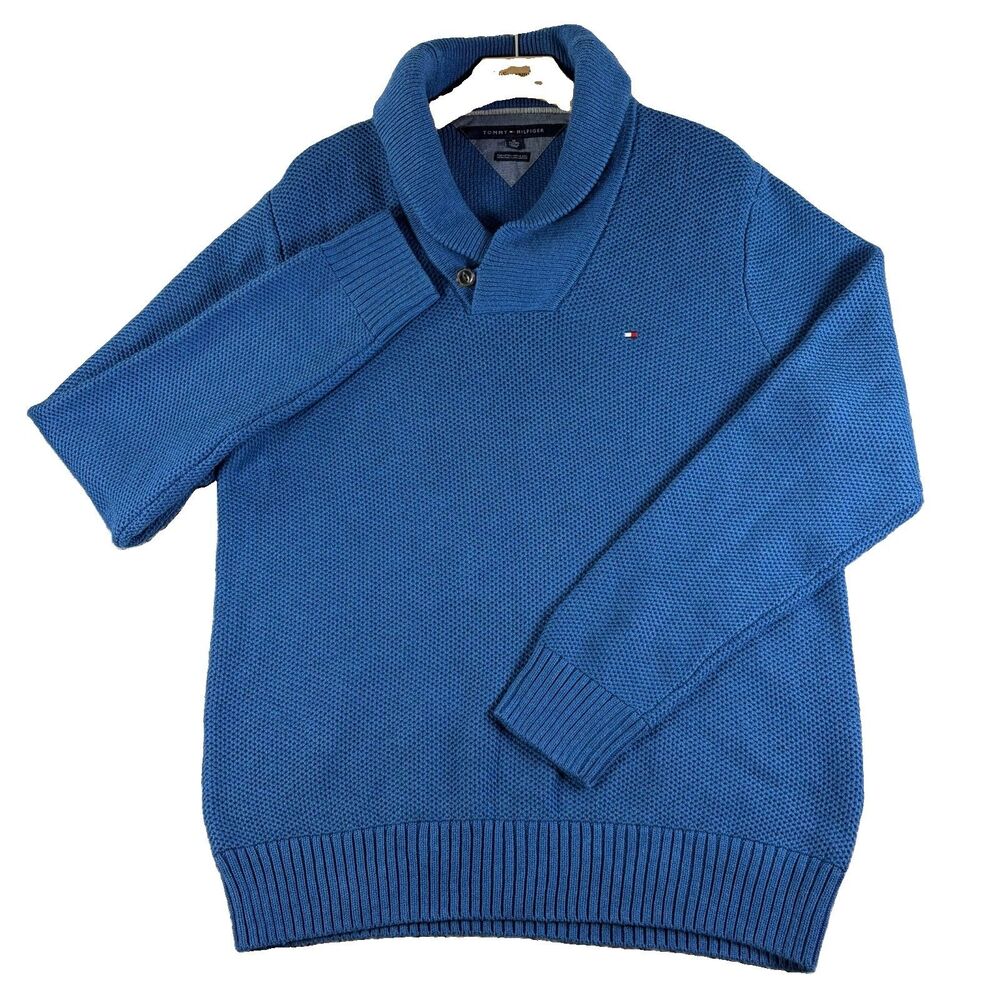 Tommy Hilfiger Shawl Neck Sweater Mens XL Pima Cotton Merino Wool Blue Knit Golf